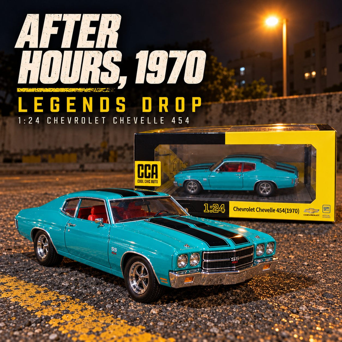 Chevrolet Chevelle 454 1970 1:24 die-cast model in cyan with black stripes, front view
