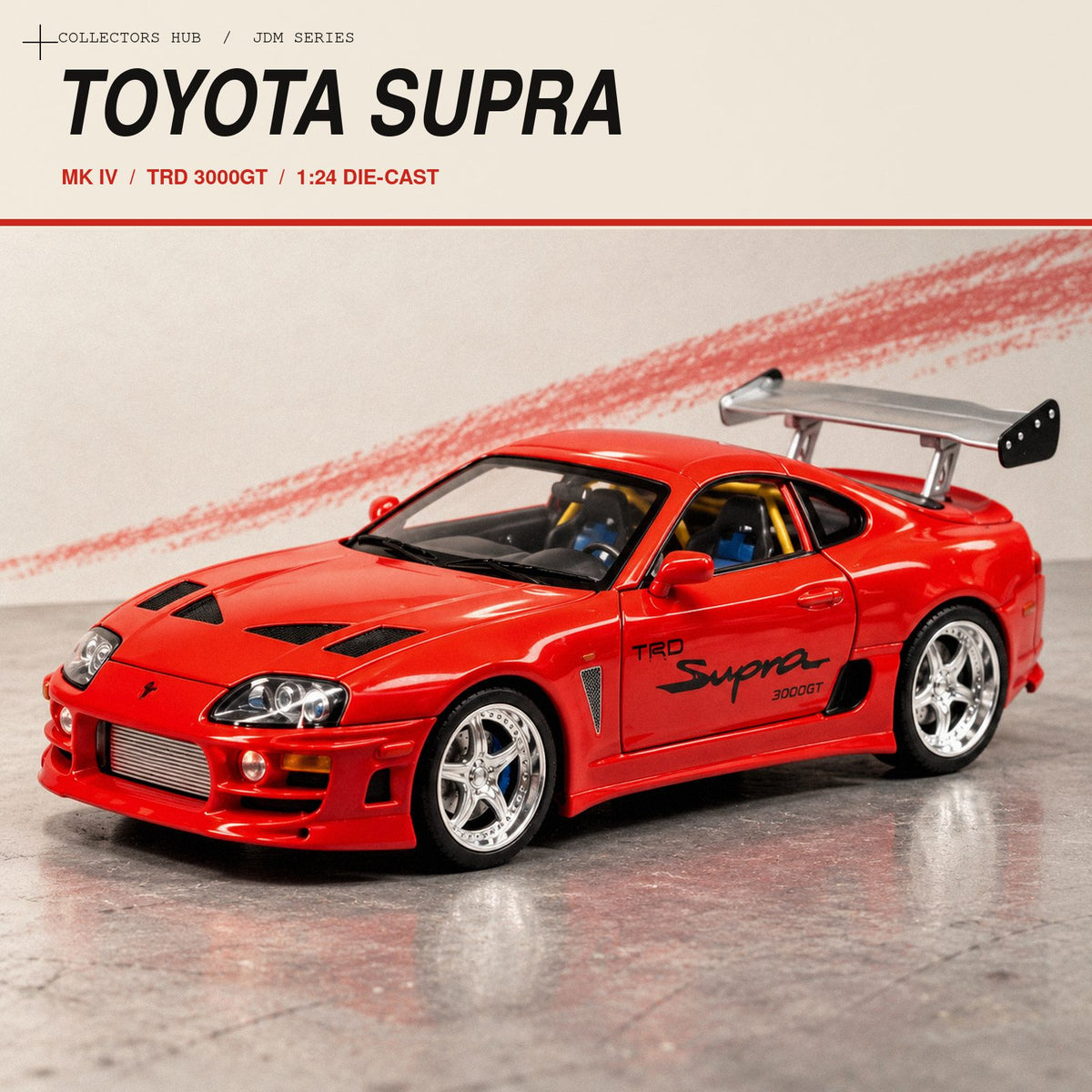 Toyota Supra MK4 1:24 die-cast model in red, front view