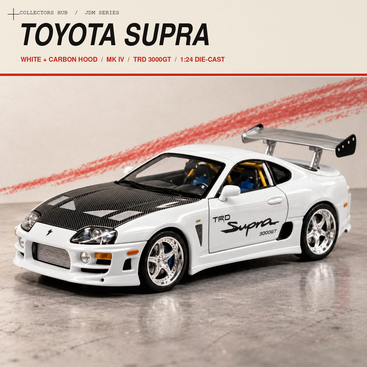 Toyota Supra MK4 1:24 die-cast model in white, front view