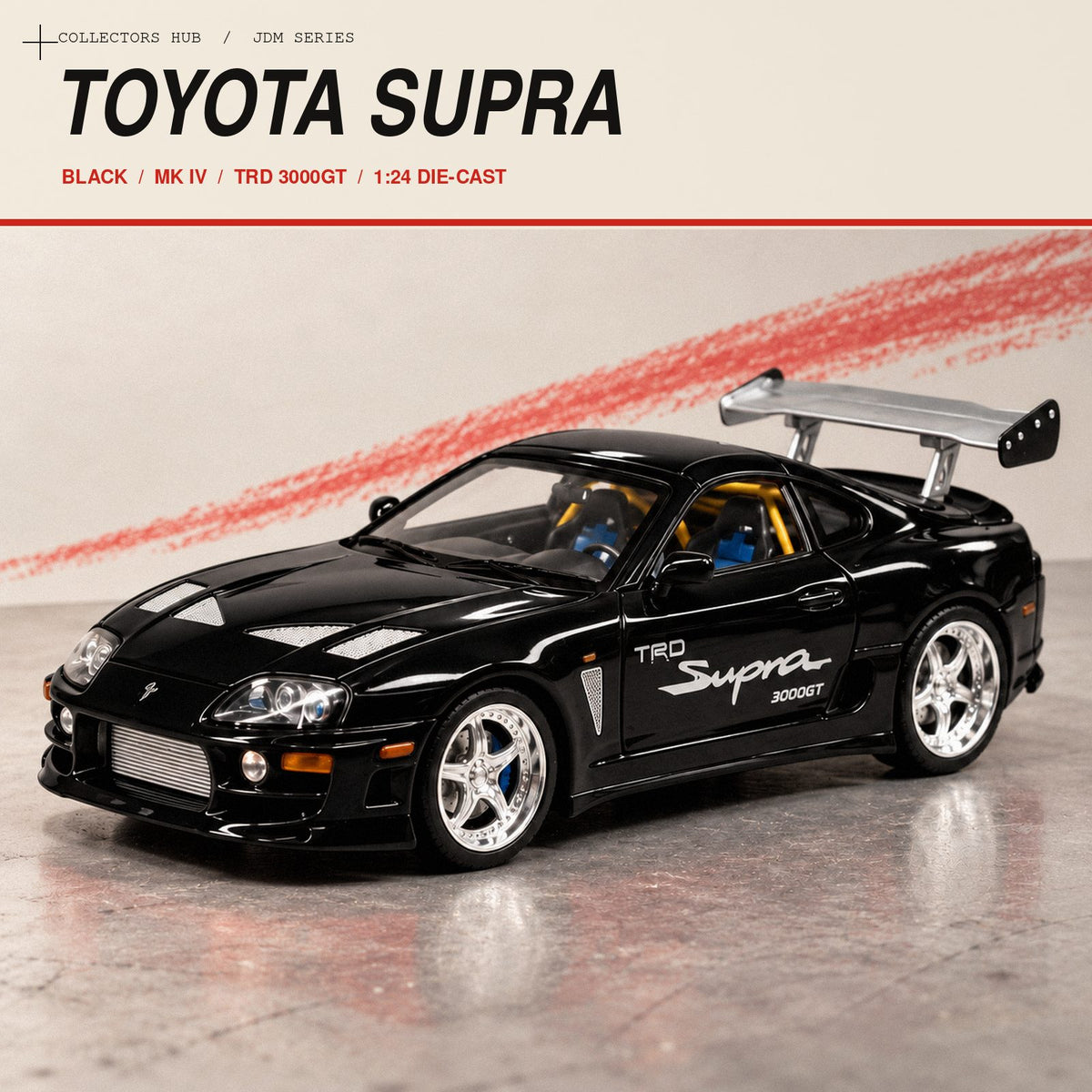 Toyota Supra MK4 1:24 die-cast model in black, front view