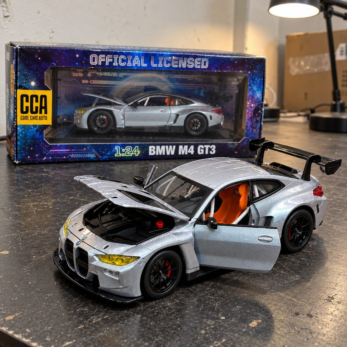 BMW M4 GT3 1:24 die-cast model in silver, front view