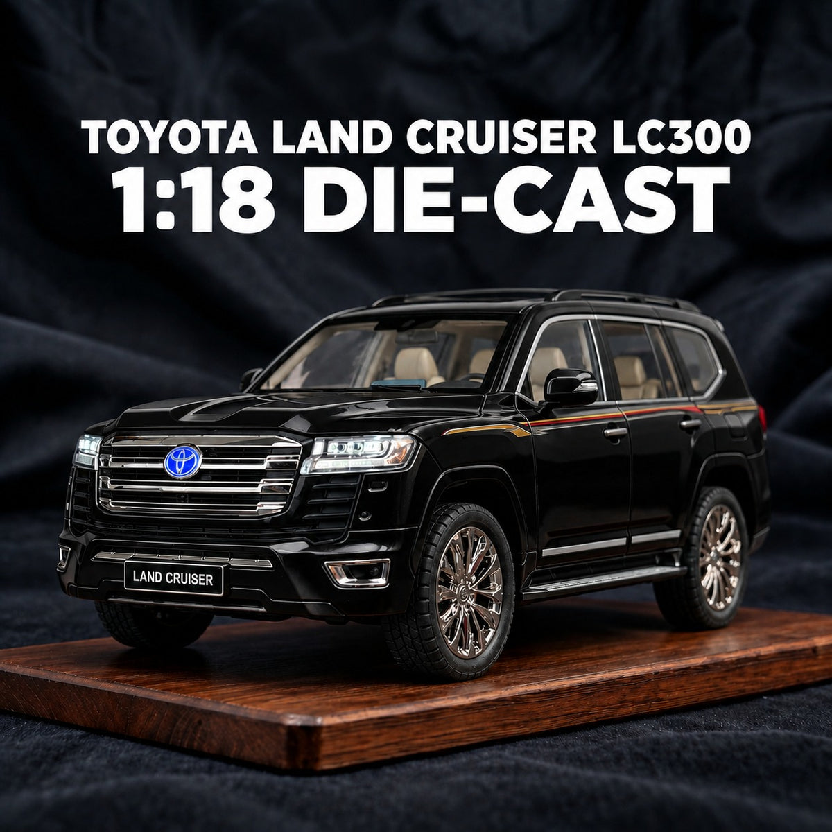 Black Toyota Land Cruiser LC300 1:18 diecast model on a wooden display base