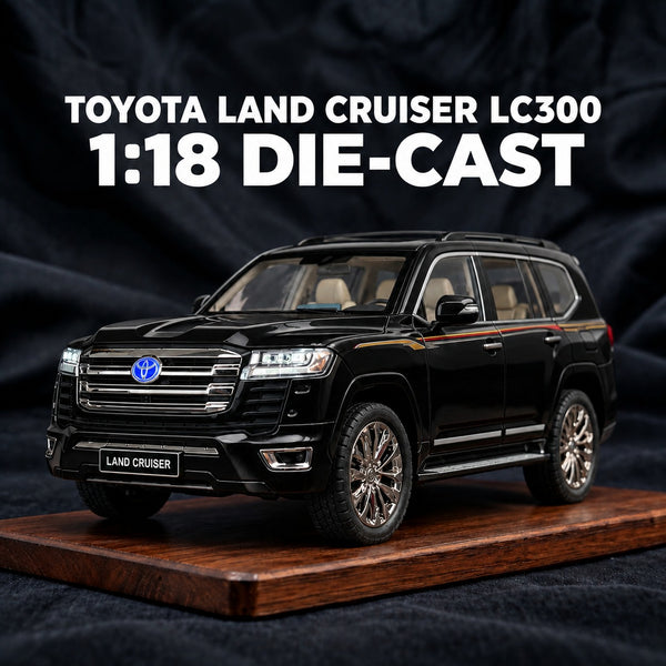 Black Toyota Land Cruiser LC300 1:18 diecast model on a wooden display base