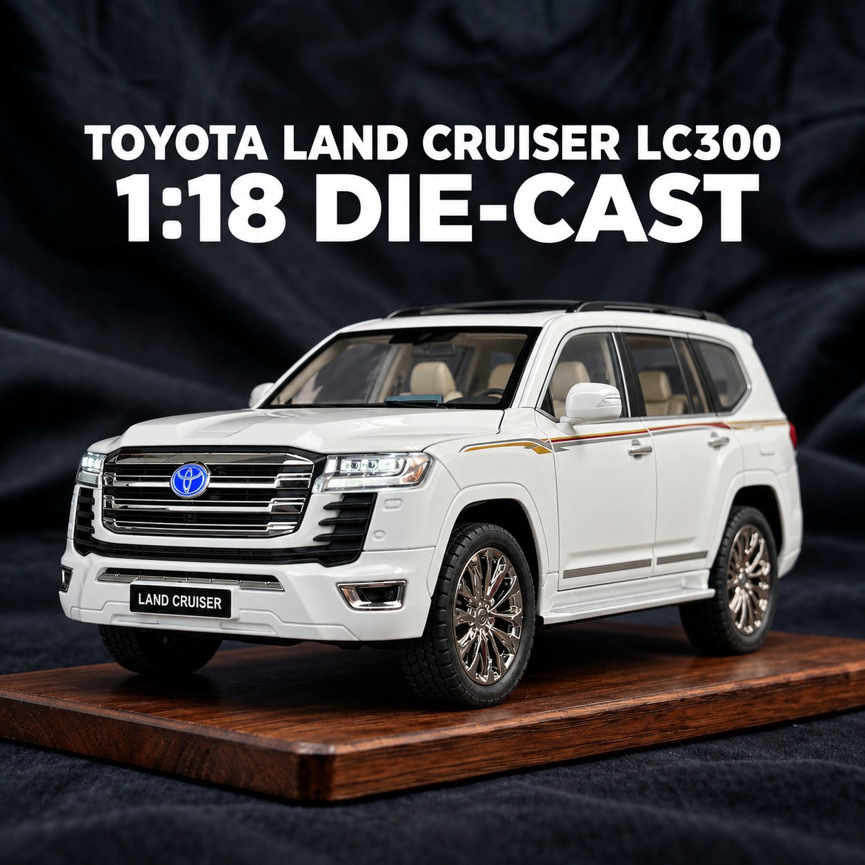 Toyota Land Cruiser LC300 1:18 die-cast model in white on a wooden display base