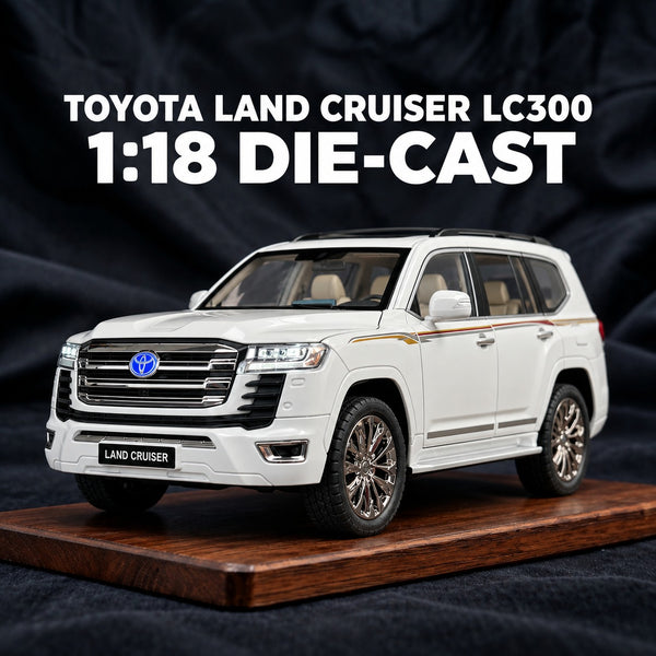 Toyota Land Cruiser LC300 1:18 die-cast model in white on a wooden display base