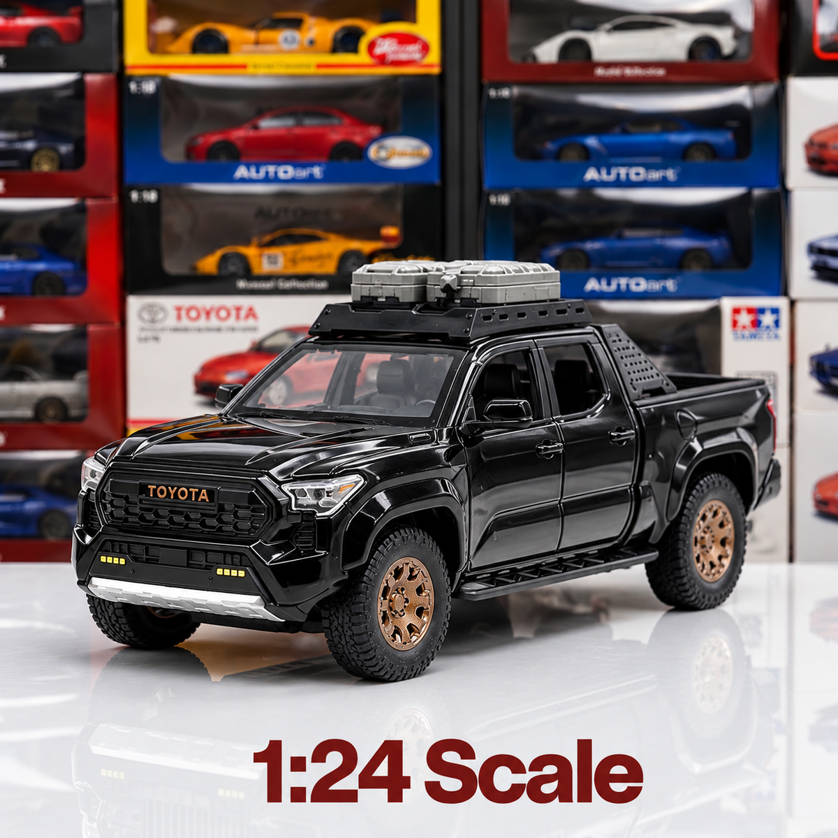 Black Tacoma Trailhunter 1:24 die-cast, side view