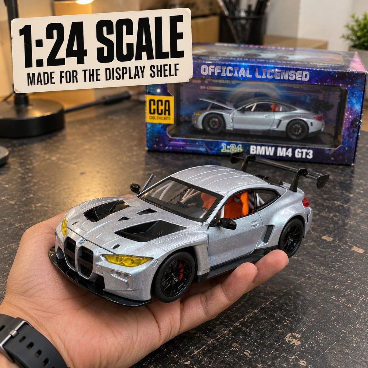 BMW M4 GT3 1:24 die-cast model in silver, photo 2