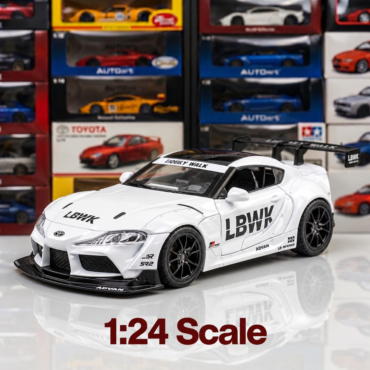 1:24 scale Toyota Supra MK5 Liberty Walk die-cast model with LBWK livery beside boxed collectible cars