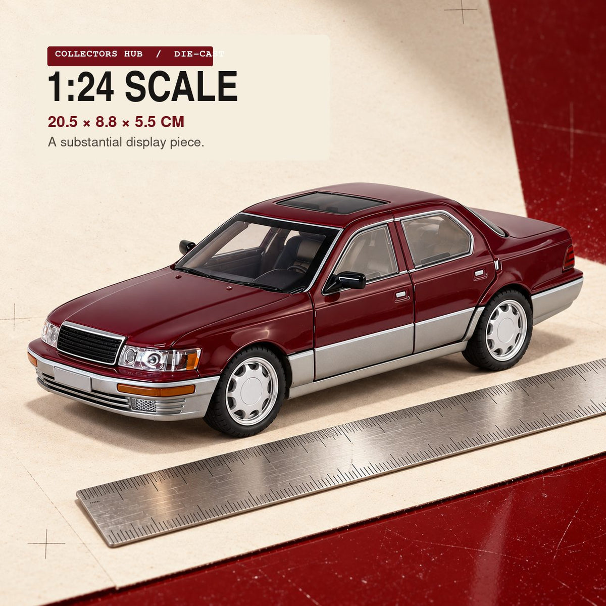 Lexus LS400 1:24 die-cast model in maroon, front view