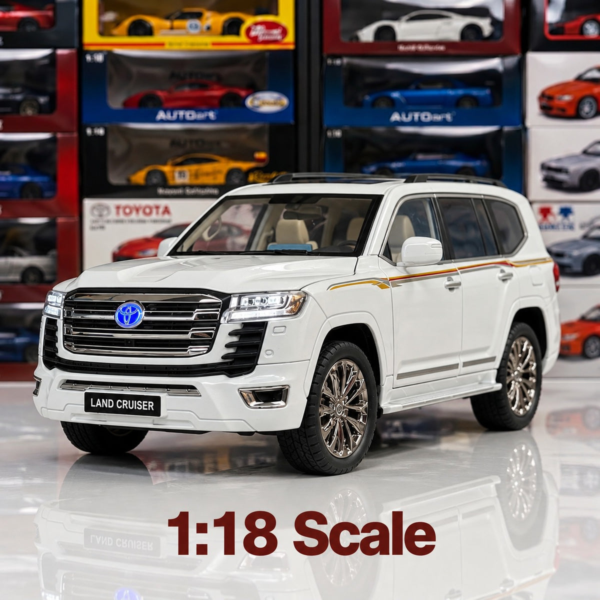 1:18 scale white Toyota Land Cruiser LC300 collector die-cast model, front three-quarter view