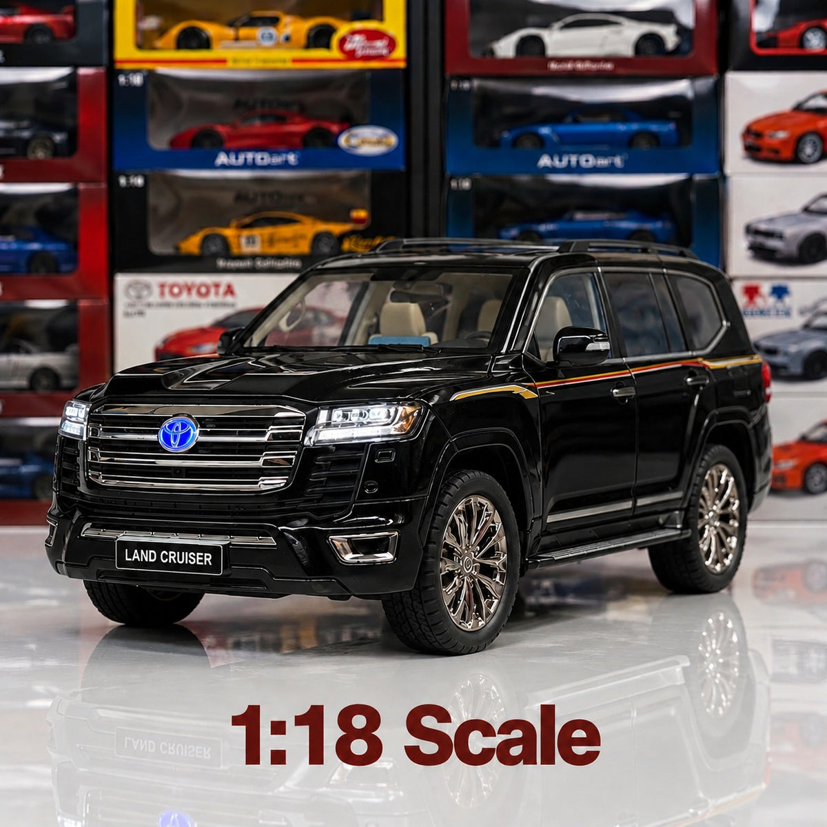 1:18 scale black Toyota Land Cruiser LC300 collector diecast model, front three-quarter view