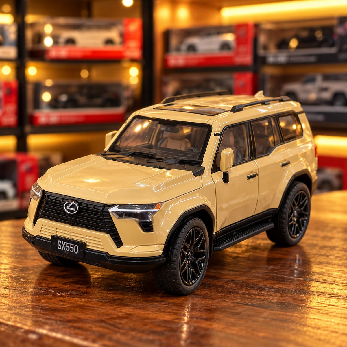 Sand dune Lexus GX550 die-cast model in a collector shop