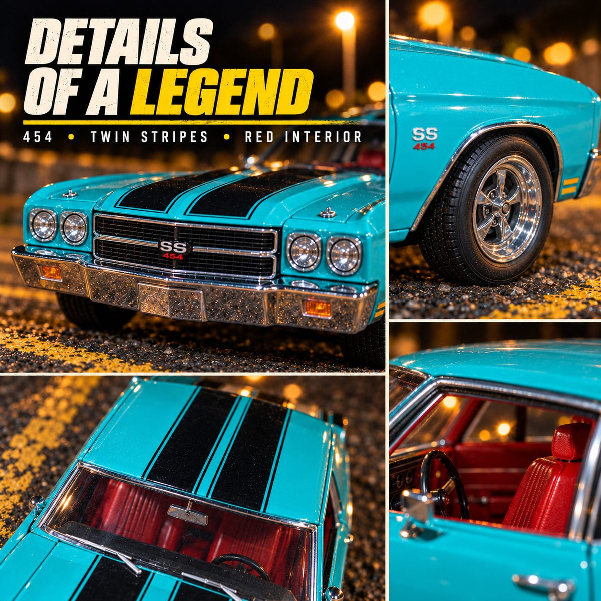 Chevrolet Chevelle 454 1970 1:24 die-cast model in cyan with black stripes, photo 3