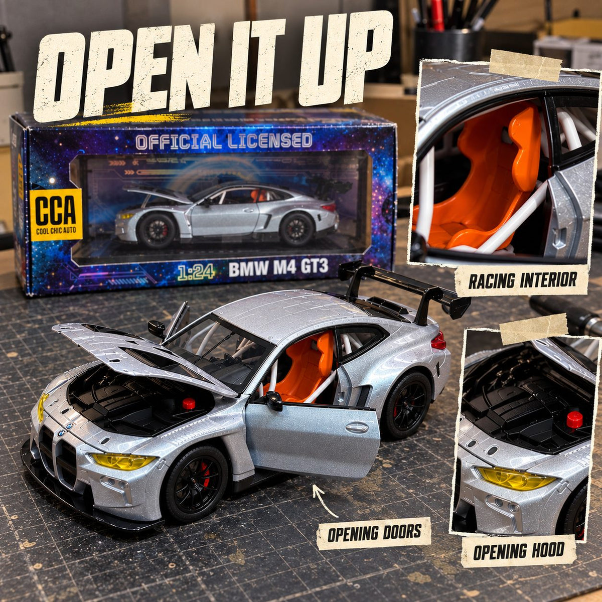 BMW M4 GT3 1:24 die-cast model in silver, photo 3