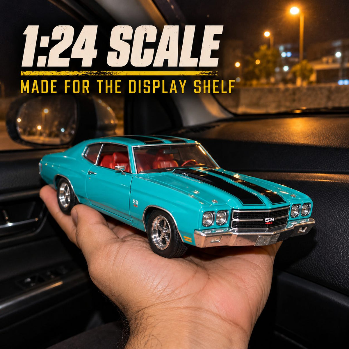 Chevrolet Chevelle 454 1970 1:24 die-cast model in cyan with black stripes, photo 4