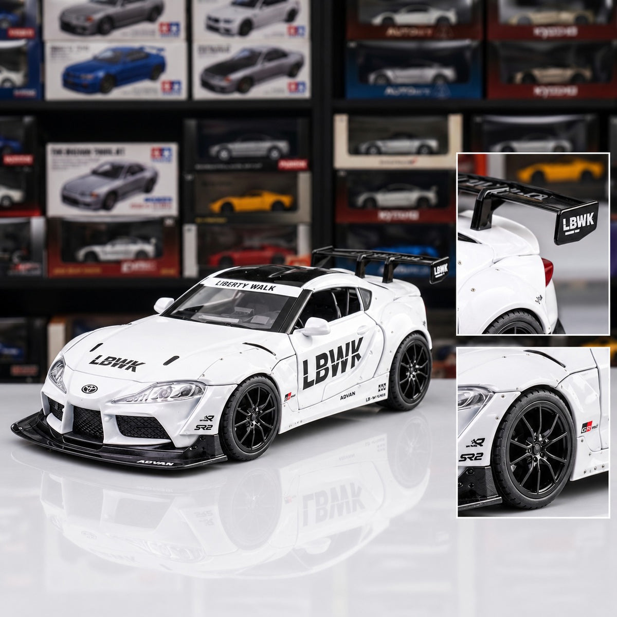 Close-up details of the Liberty Walk wide-body arches, rear wing and black wheels on a 1:24 Toyota Supra die-cast