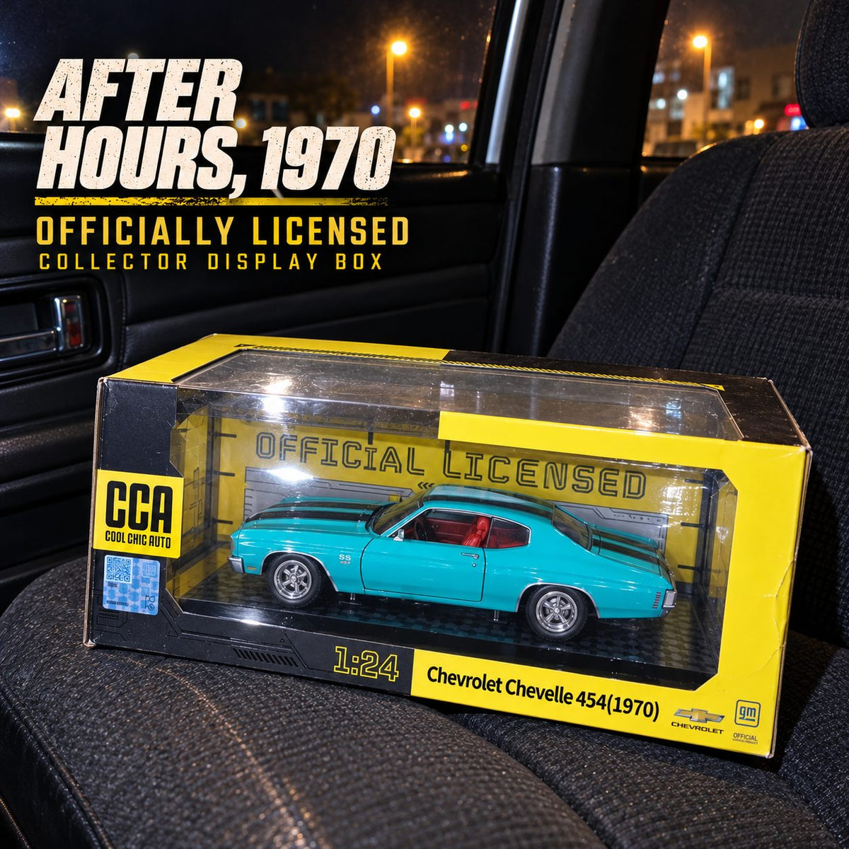 Chevrolet Chevelle 454 1970 1:24 die-cast model in cyan with black stripes, photo 5