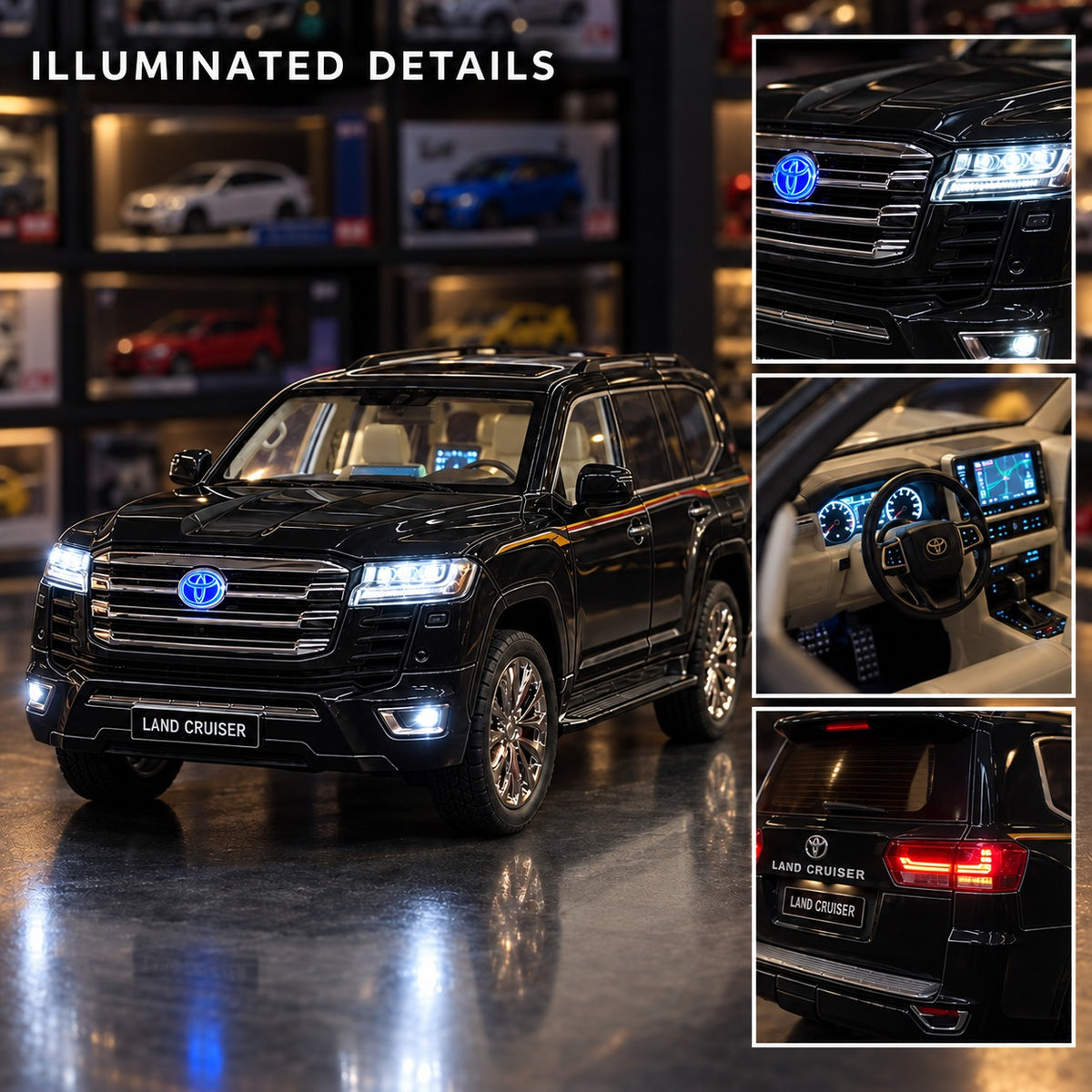 Black Toyota Land Cruiser LC300 1:18 model with illuminated headlights and detailed interior dashboard