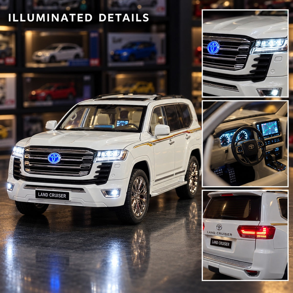 Toyota Land Cruiser LC300 1:18 model with illuminated headlights and detailed interior dashboard