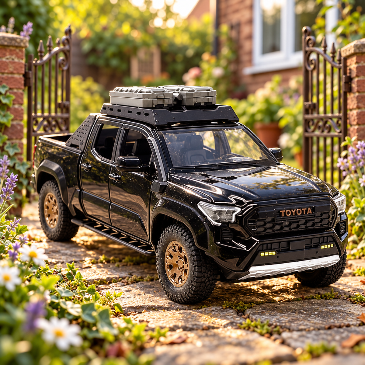 Black Tacoma Trailhunter 1:24 die-cast, three-quarter view
