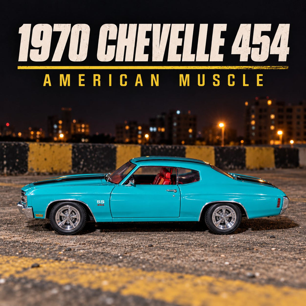 Chevrolet Chevelle 454 1970 1:24 die-cast model in cyan with black stripes, photo 6