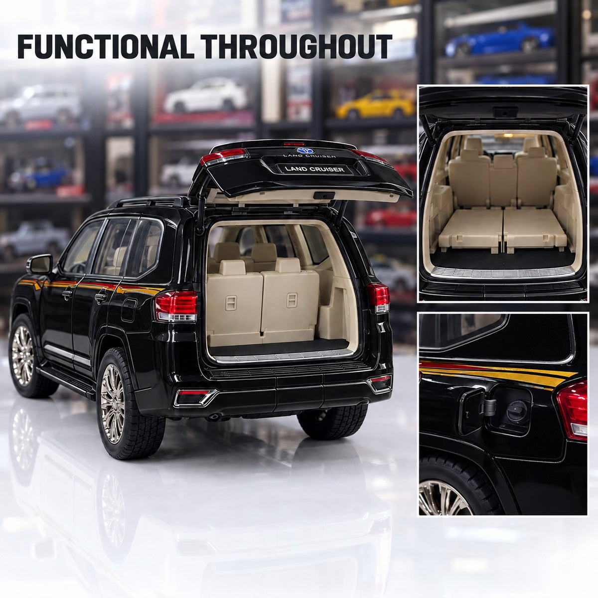 Black Toyota Land Cruiser LC300 diecast model open tailgate showing three-row cargo area and fuel lid