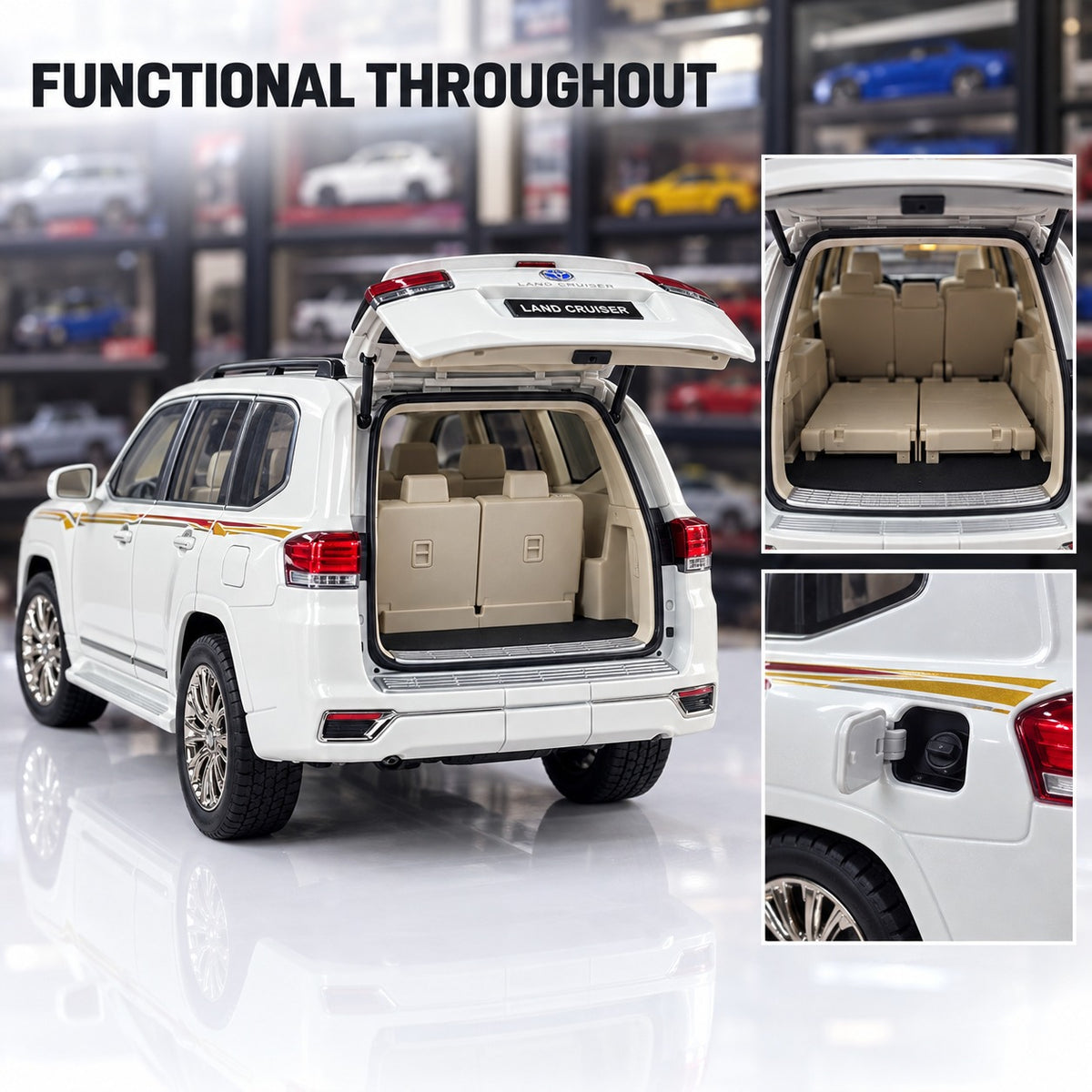 Toyota Land Cruiser LC300 die-cast model open tailgate showing three-row cargo area and fuel lid