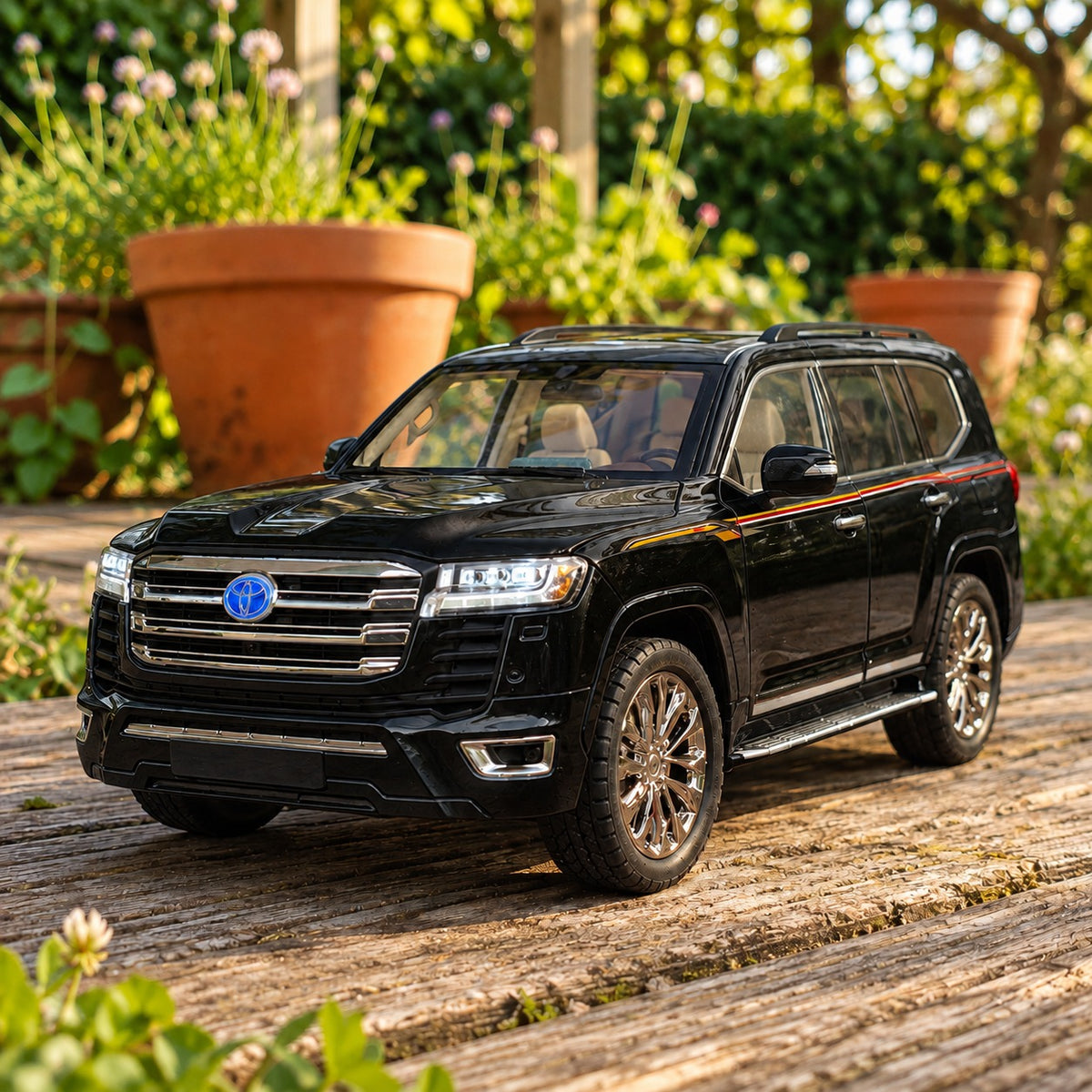 Black Toyota Land Cruiser LC300 1:18 diecast model displayed outdoors in Pakistan