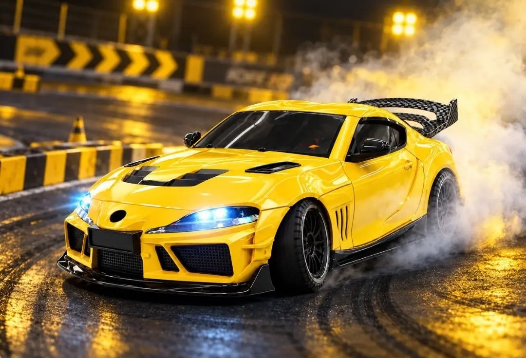 Drift car sliding sideways with tyre smoke