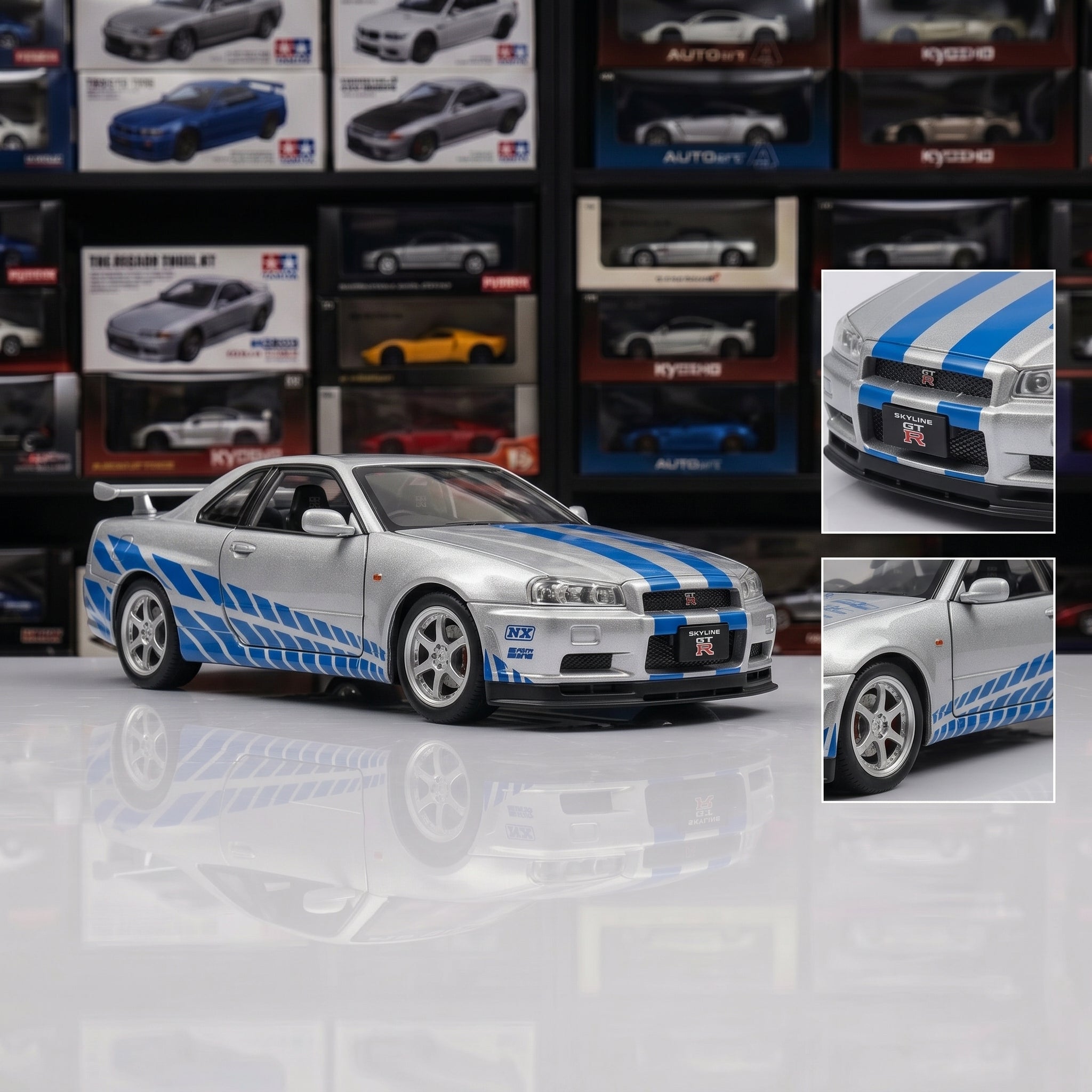 Nissan GTR R34 | 1:24 Collector Die-Cast | Silver & Blue Finish