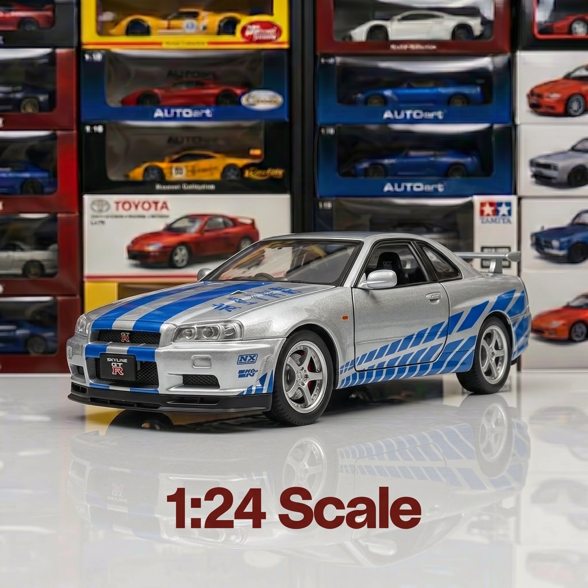 Nissan GTR R34 | 1:24 Collector Die-Cast | Silver & Blue Finish